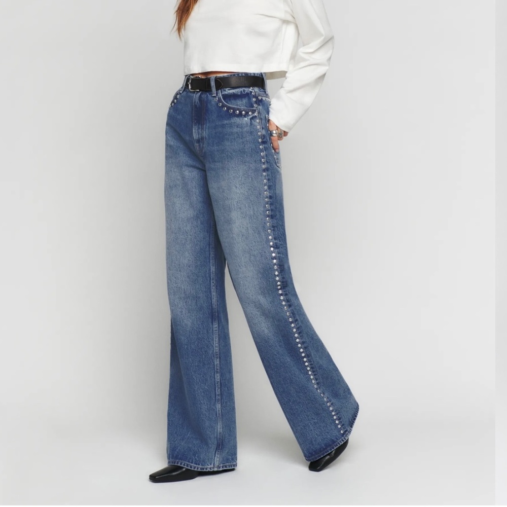 Reformation Cary High Rise Slouchy Wide Leg Jeans Studded Size 24 New with Tags